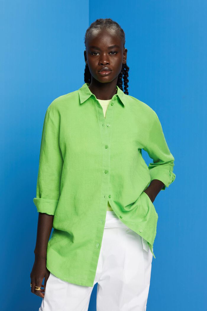 Camisa en mezcla de algodón y lino, GREEN, detail image number 0