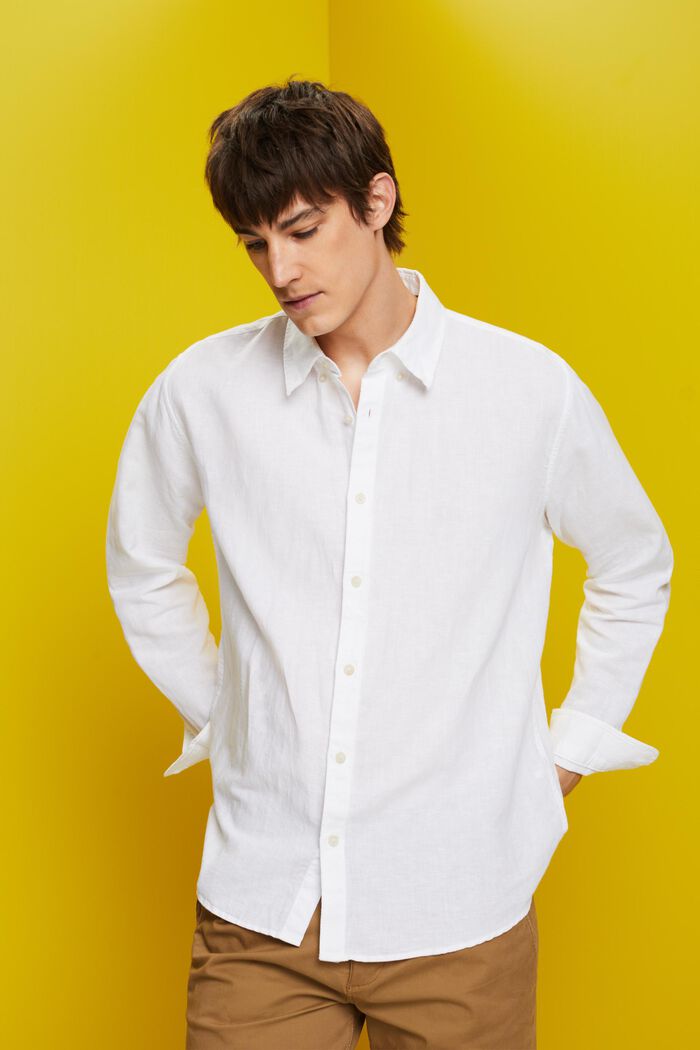Camisa abotonada en mezcla de algodón y lino, WHITE, detail image number 0