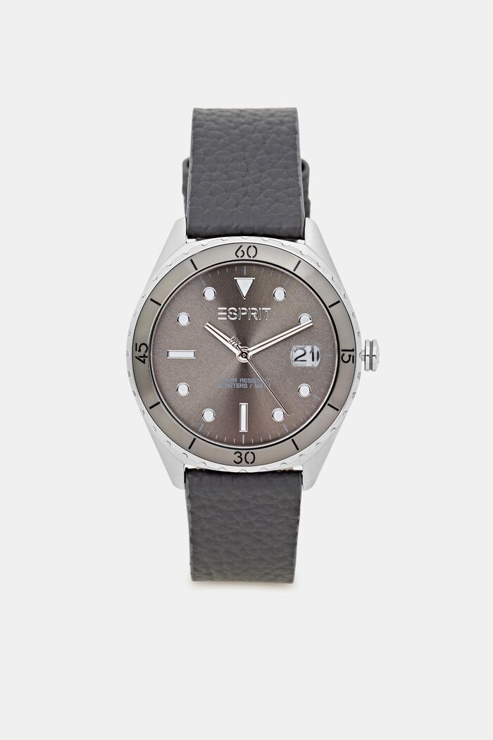 Reloj de acero inoxidable con pulsera de piel, DARK GREY, detail image number 0