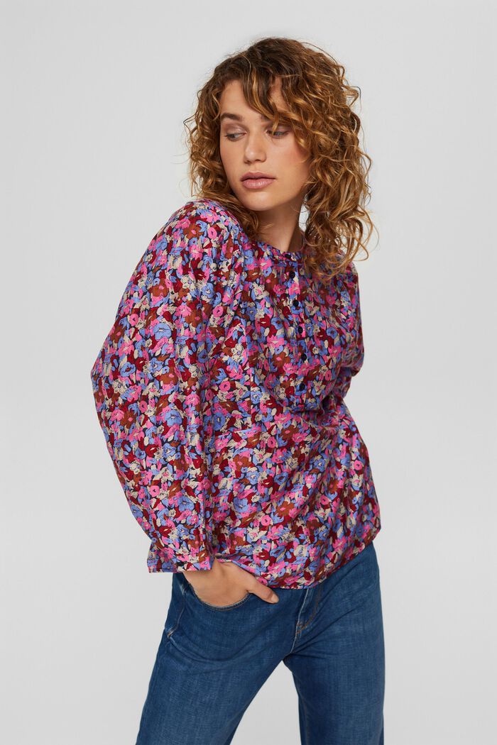 Mezcla de TENCEL™: blusa con estampado de flores y mangas llamativas, NAVY, detail image number 0
