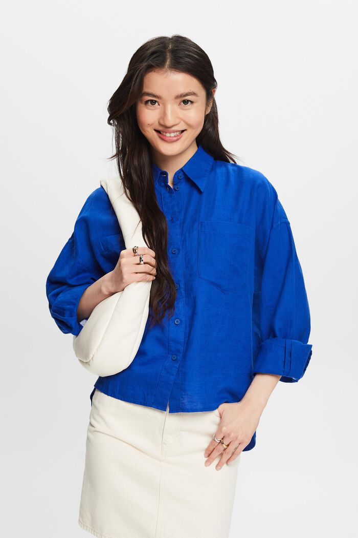 Blusa camisera de algodón y lino, BRIGHT BLUE, detail image number 0