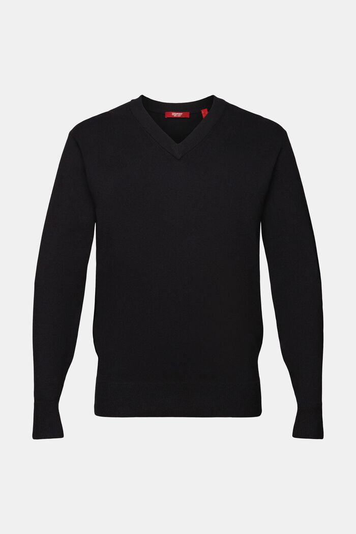 Jersey básico de cuello pico, mezcla de lana, BLACK, detail image number 6