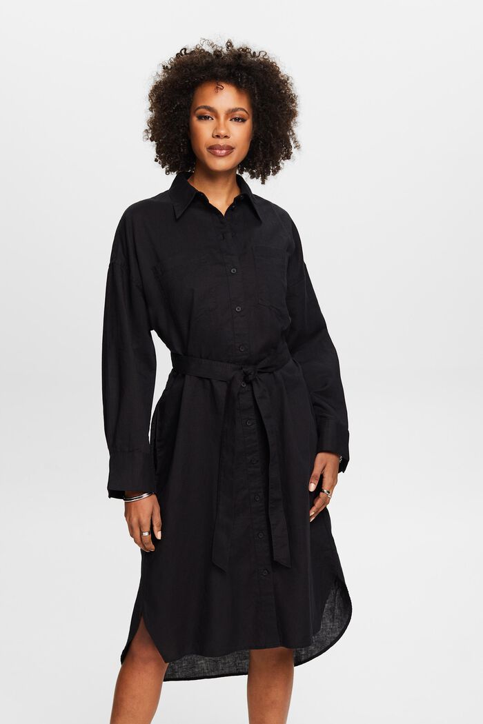 Vestido camisero de lino y algodón con cinturón, BLACK, detail image number 0