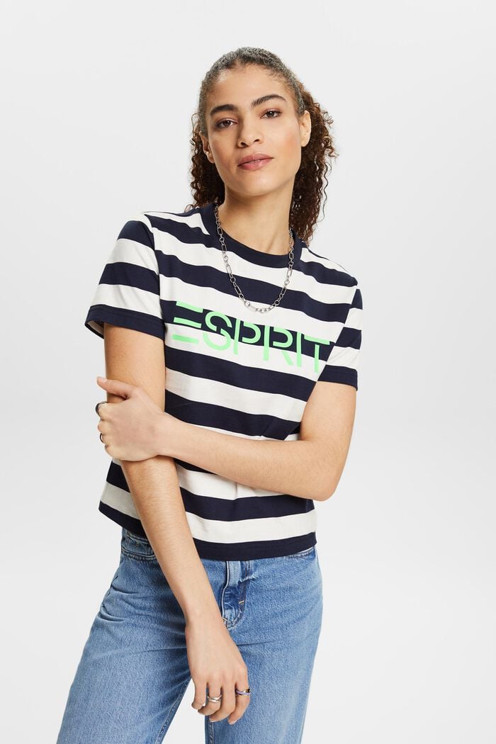 Camiseta de algodón con logotipo a rayas, NAVY, detail image number 0
