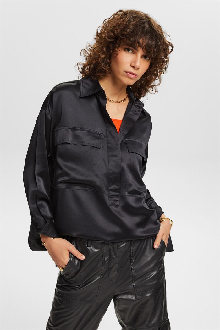Blusa de satén de seda, BLACK, detail image number 4