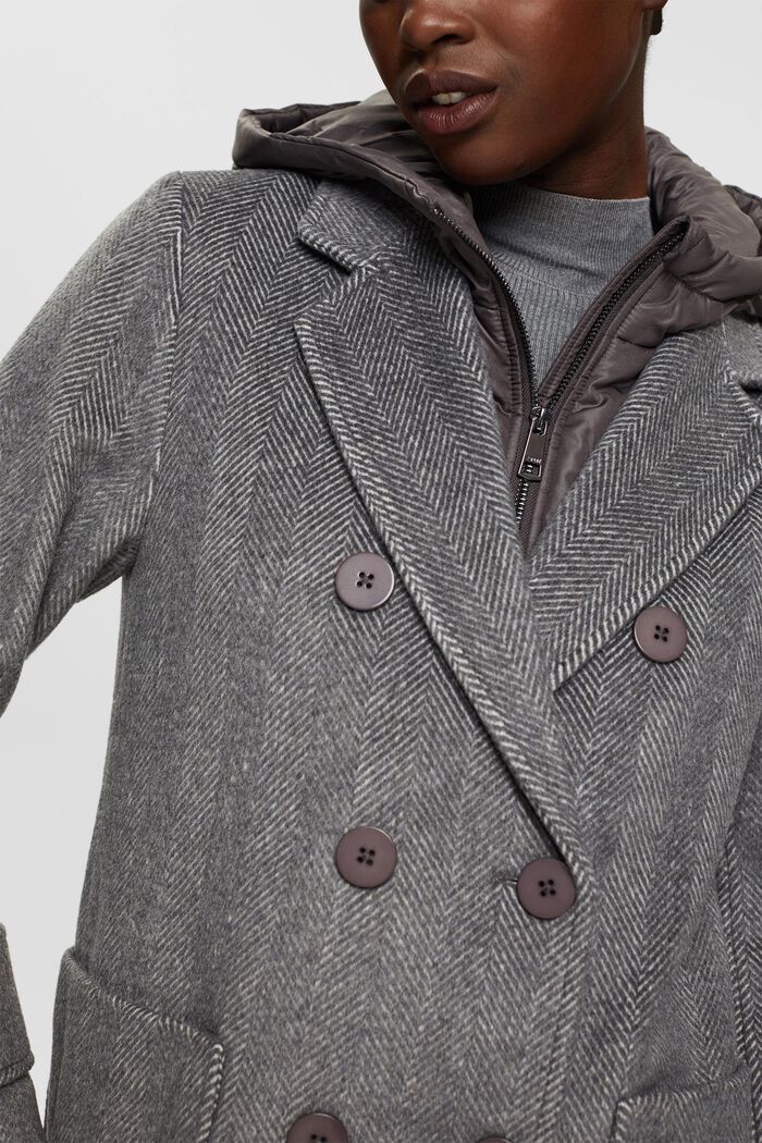 Abrigo en mezcla de lana con capucha desmontable, GUNMETAL, detail image number 0