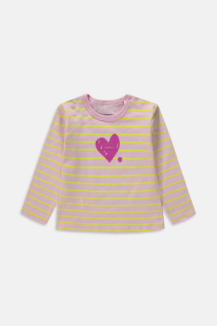 Camiseta de manga larga a rayas con corazón estampado, PASTEL PINK, detail image number 1