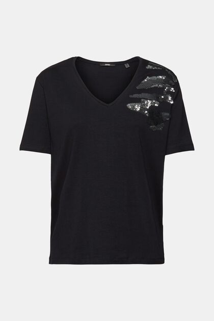 Camiseta con cuello en pico y lentejuelas, BLACK, overview