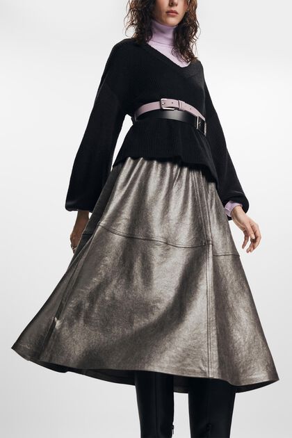 Falda midi de polipiel metalizada