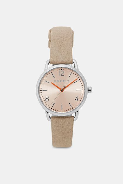 Reloj de acero inoxidable con pulsera de piel, BEIGE, overview