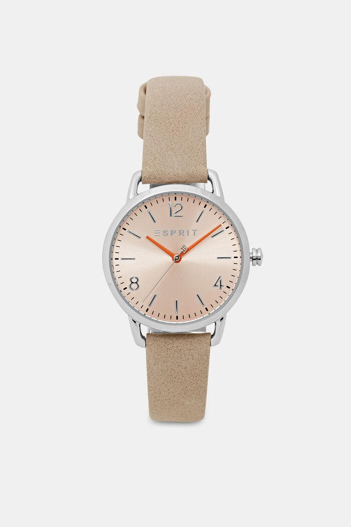 Reloj de acero inoxidable con pulsera de piel, BEIGE, detail image number 0