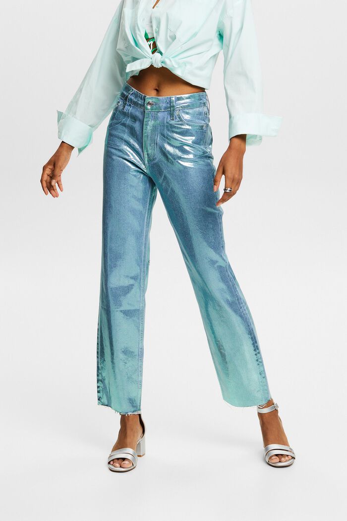 Jeans retro high waist straight con revestimiento metalizado, DENIM/PISTACHIO GREEN, detail image number 0