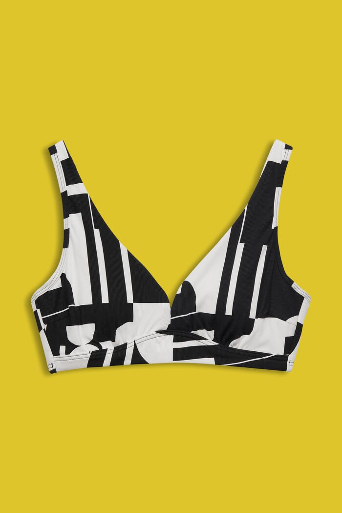 Top de bikini con relleno y estampado retro para copas grandes, BLACK, detail image number 1