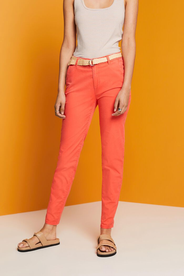 Pantalones chinos elásticos ligeros con cinturón, CORAL ORANGE, detail image number 0