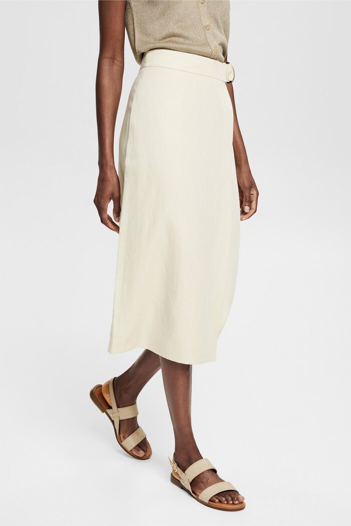 Con lino: falda midi con efecto cruzado, LIGHT BEIGE, detail image number 0