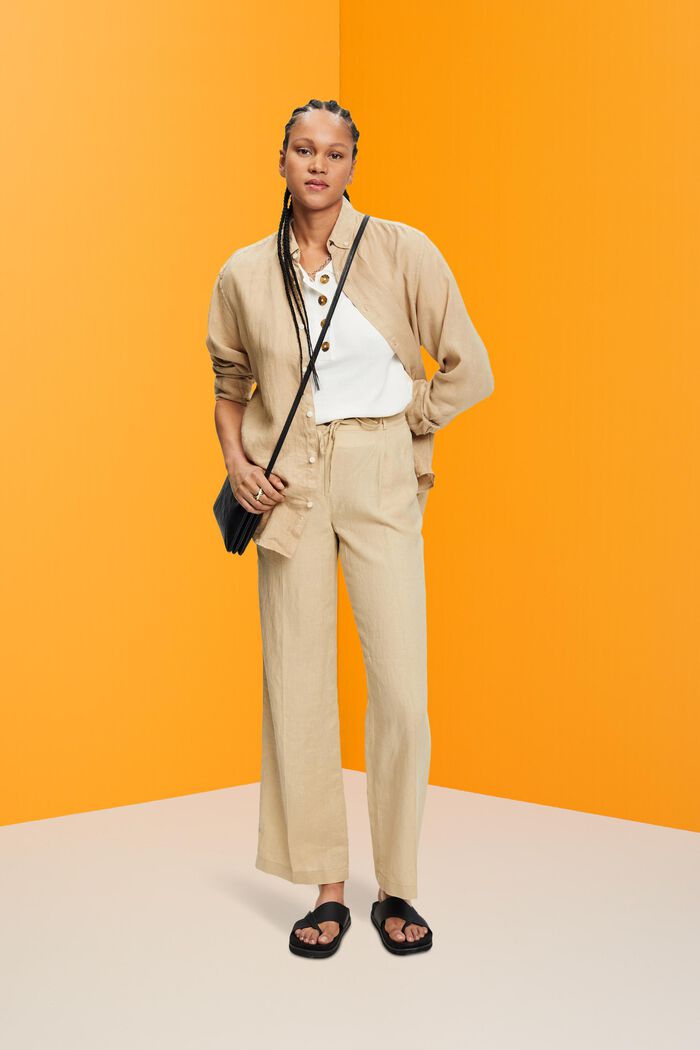 Pantalones de lino con pernera ancha, SAND, detail image number 1