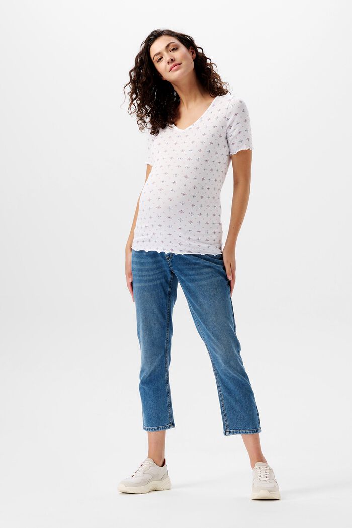 Camiseta acanalada con cuello pico y estampado, algodón ecológico, BRIGHT WHITE, detail image number 0