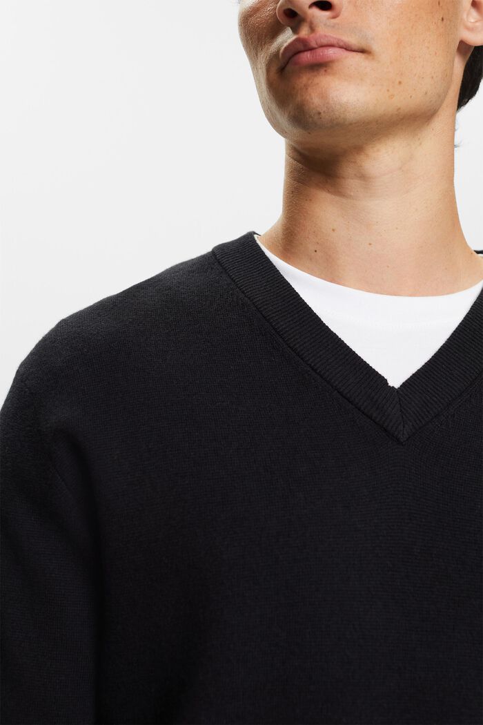 Jersey básico de cuello pico, mezcla de lana, BLACK, detail image number 2