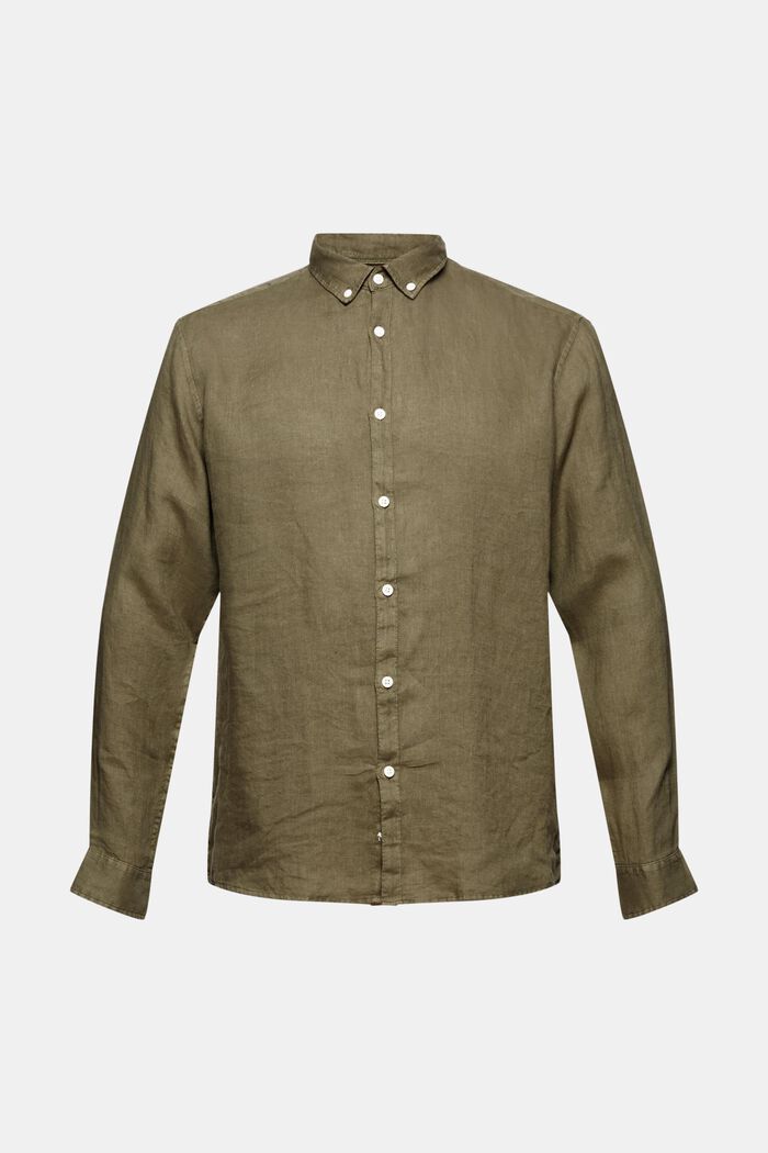 Camisa de cuello abotonado en 100% lino, DARK KHAKI, overview