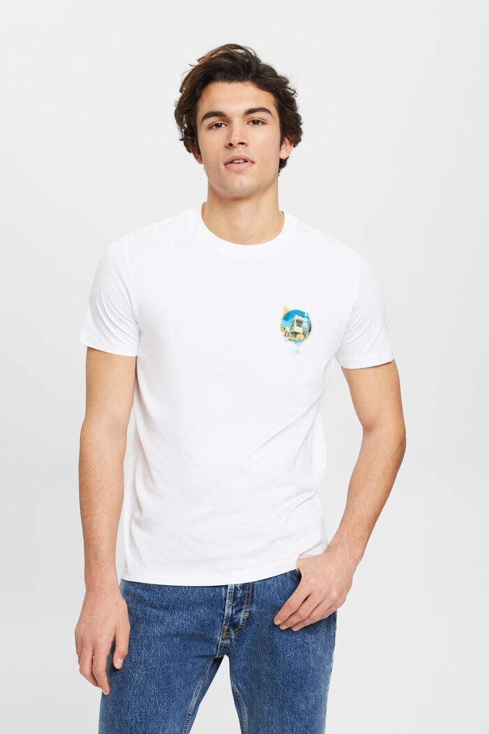 Camiseta de corte ajustado en algodón con estampado pequeño en el pecho, WHITE, detail image number 0