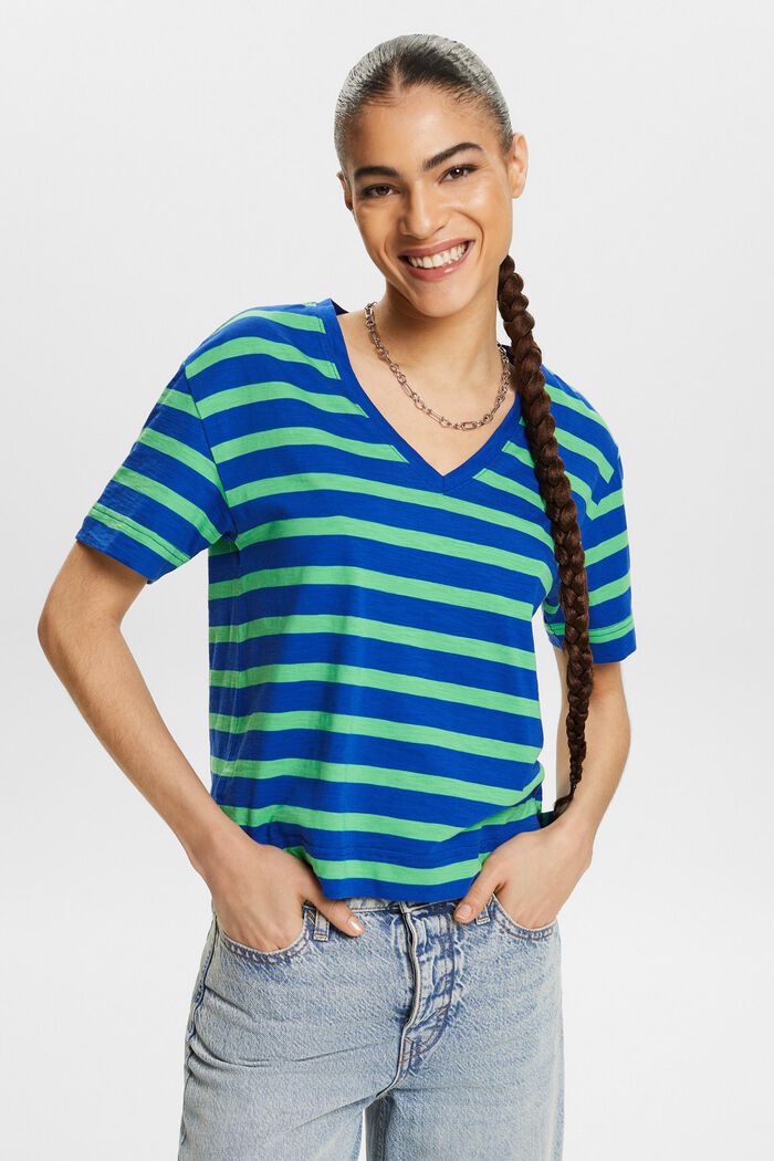 Camiseta de rayas con cuello en pico, BRIGHT BLUE, detail image number 0