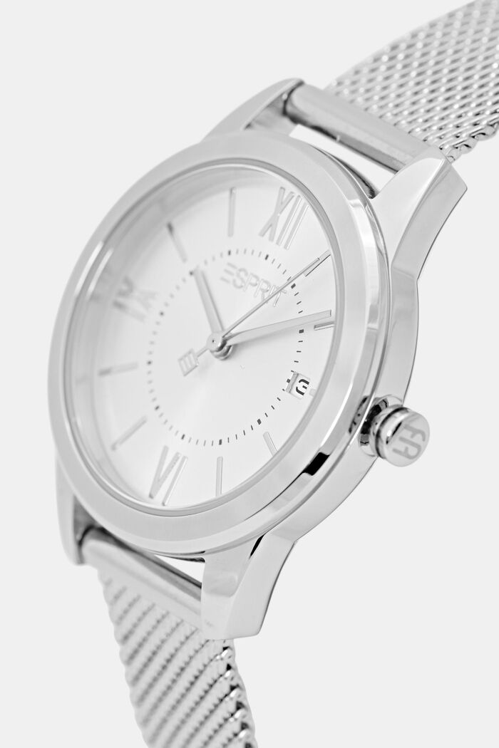Reloj de acero inoxidable con pulsera de malla y fecha, SILVER, detail image number 1