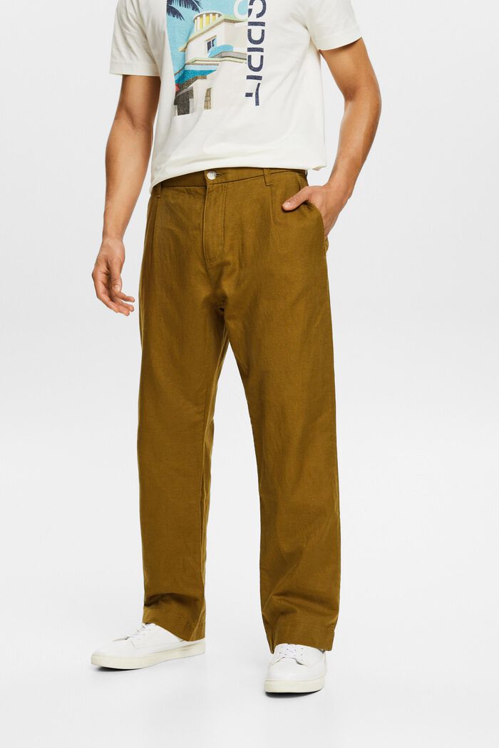 Pantalón Straight en lino y algodón, OLIVE, detail image number 0