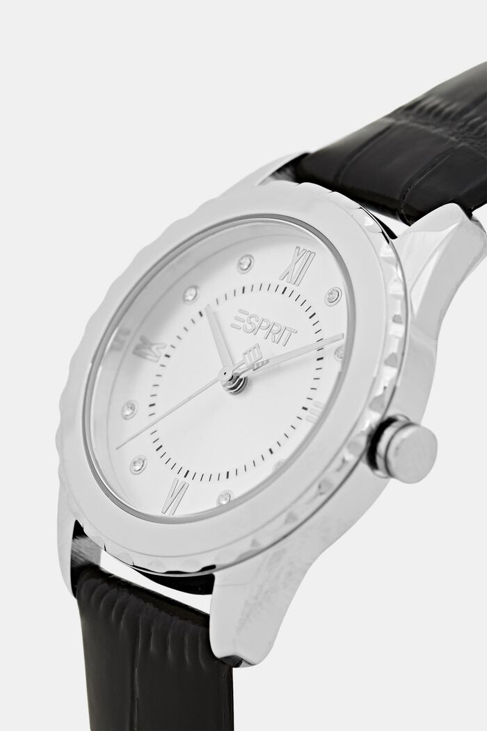Reloj de acero inoxidable con pulsera de cuero con textura, BLACK, detail image number 1