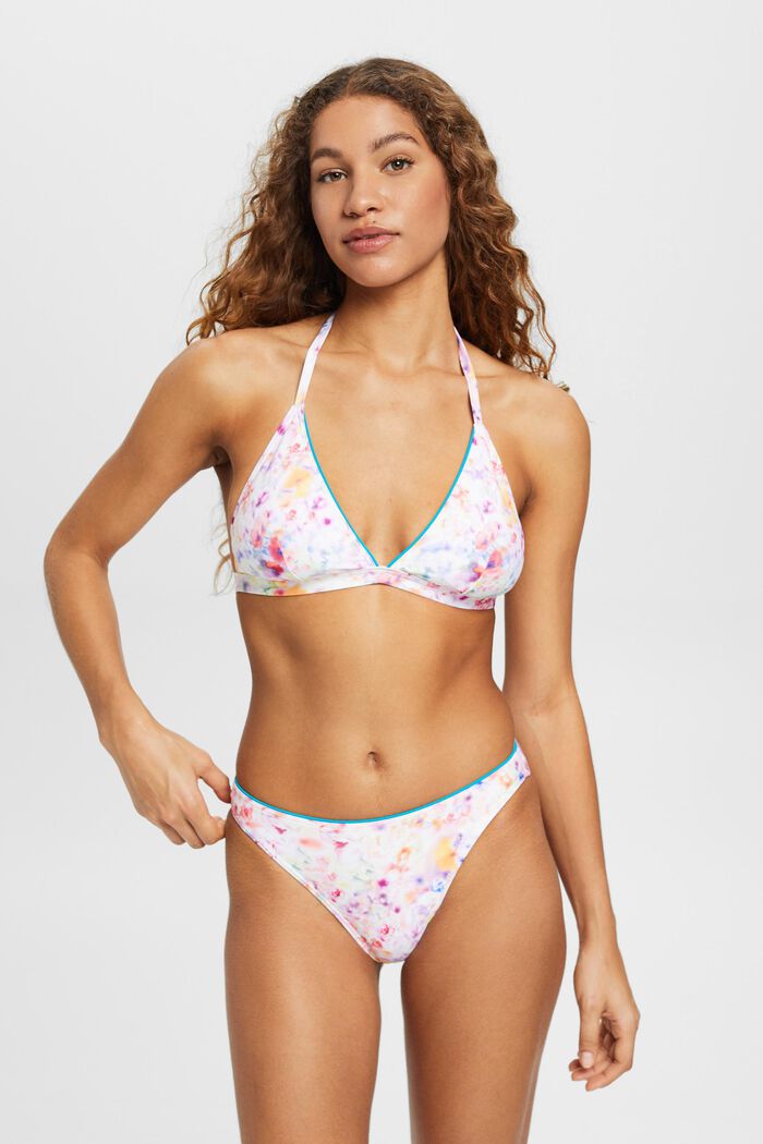 Top de bikini acolchado con cuello halter y estampado floral, TEAL BLUE, detail image number 0