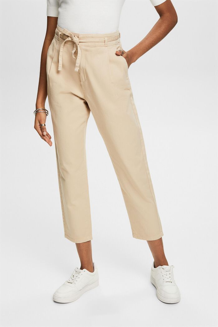 Pantalón con pliegues en la cintura con cinturón, algodón Pima, BEIGE, detail image number 0