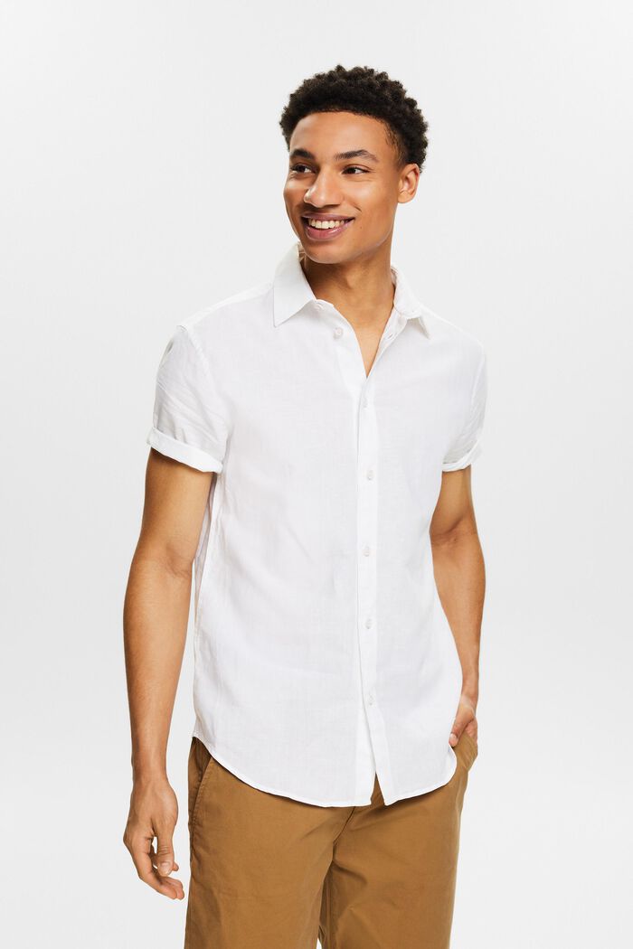 Camisa de manga corta en lino y algodón, WHITE, detail image number 0