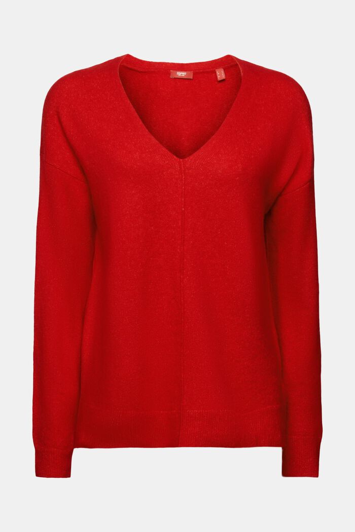 Jersey de cuello pico en mezcla de lana, DARK RED, detail image number 6