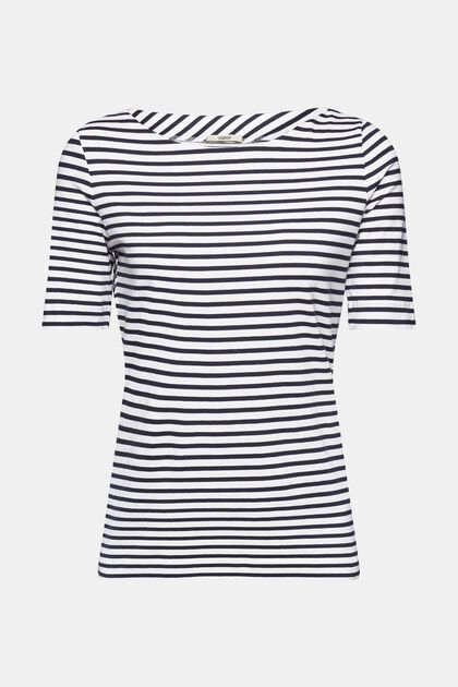 Camiseta de algodón a rayas con cuello barco, WHITE, overview