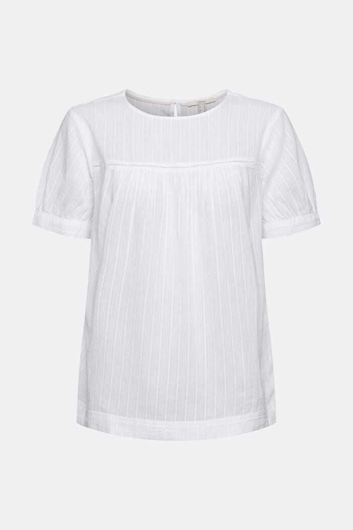 Blusa de manga corta con motivo entretejido, 100% algodón, WHITE, overview