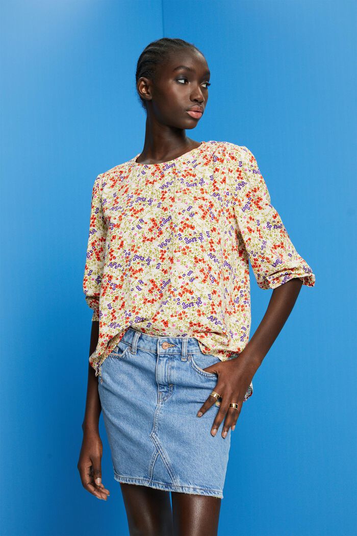 Blusa floral con mangas 3/4, OFF WHITE, detail image number 0