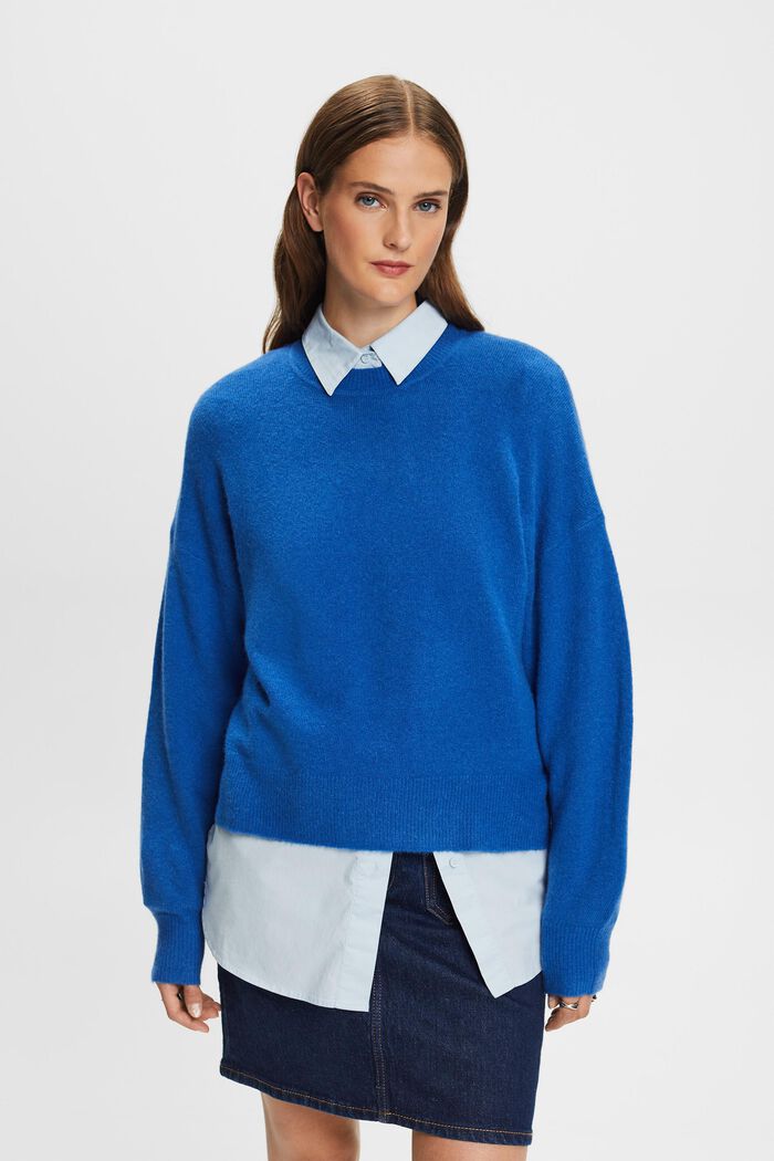 Jersey de cuello redondo en mezcla de lana, BRIGHT BLUE, detail image number 0