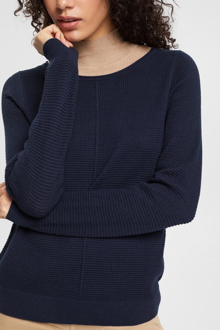 Jersey de cuello redondo con textura, algodón ecológico, NAVY, detail image number 0