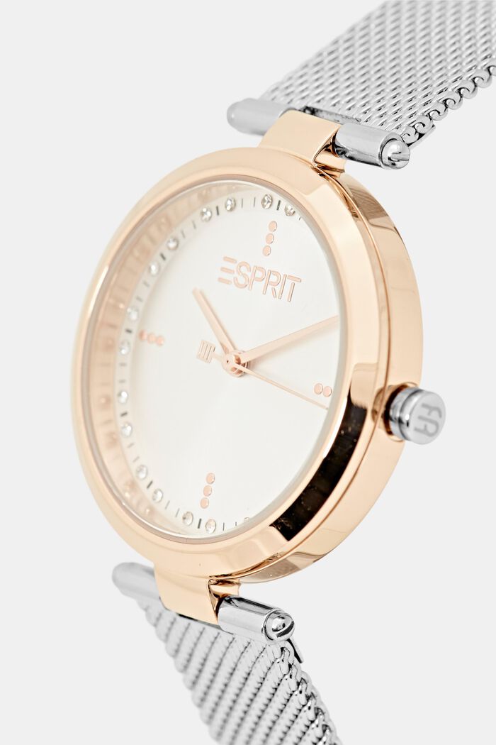 Reloj de acero inoxidable bicolor con pulsera de malla, SILVER, detail image number 1