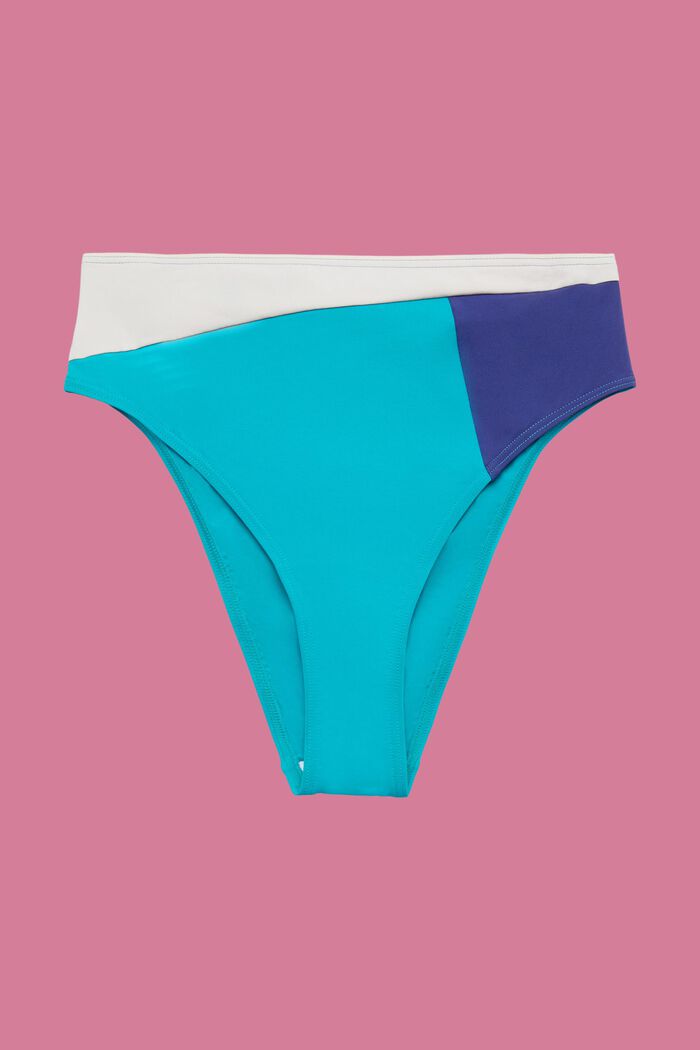 Braguita de bikini de tiro alto con diseño de bloques de color, TEAL GREEN, detail image number 4