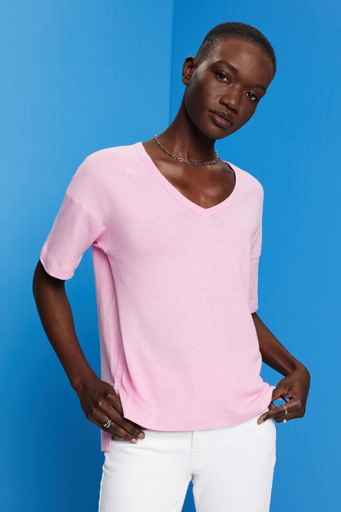 Camiseta de mezcla de lino con cuello en pico, LIGHT PINK, detail image number 4