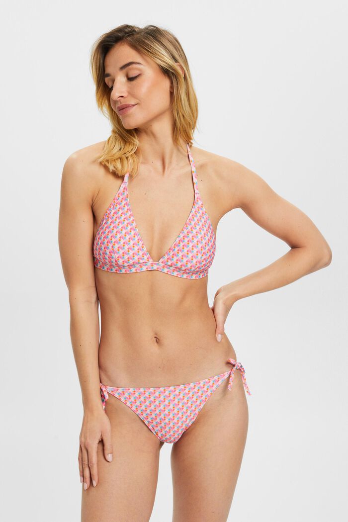 Top de bikini acolchado con cuello halter y estampado geométrico, PINK FUCHSIA, detail image number 0