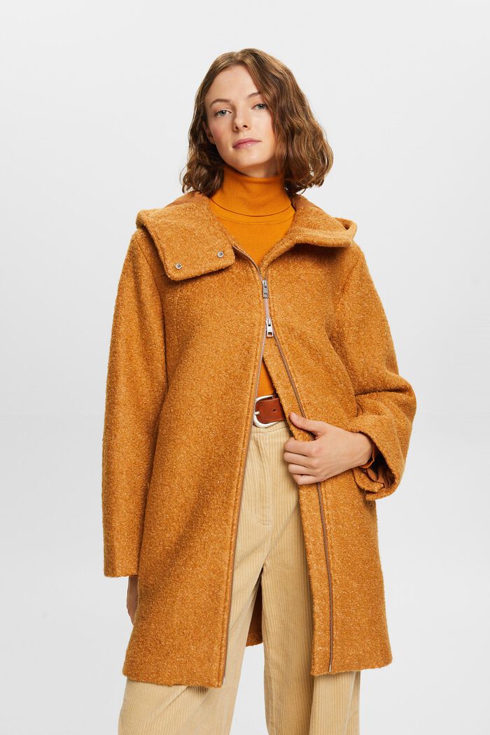 Abrigo de rizo con capucha en mezcla de lana, CARAMEL, detail image number 0