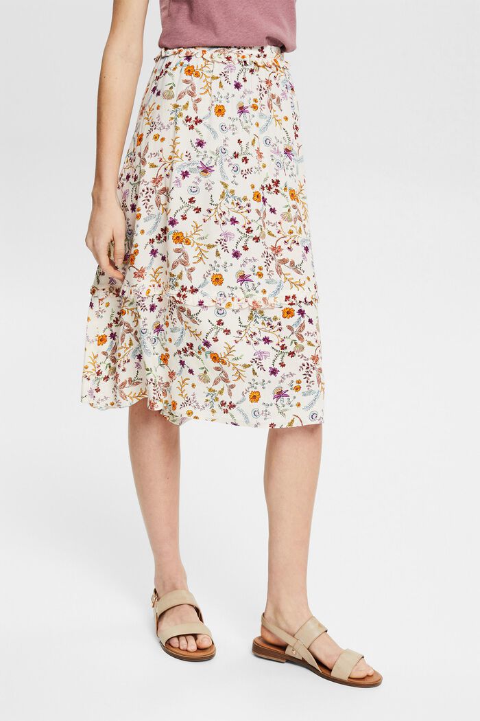 Falda midi con estampado floral y borde con volantes, CREAM BEIGE, detail image number 0