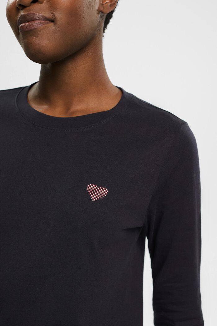 Camiseta de manga larga con estampado de corazones, 100% algodón, BLACK, detail image number 2