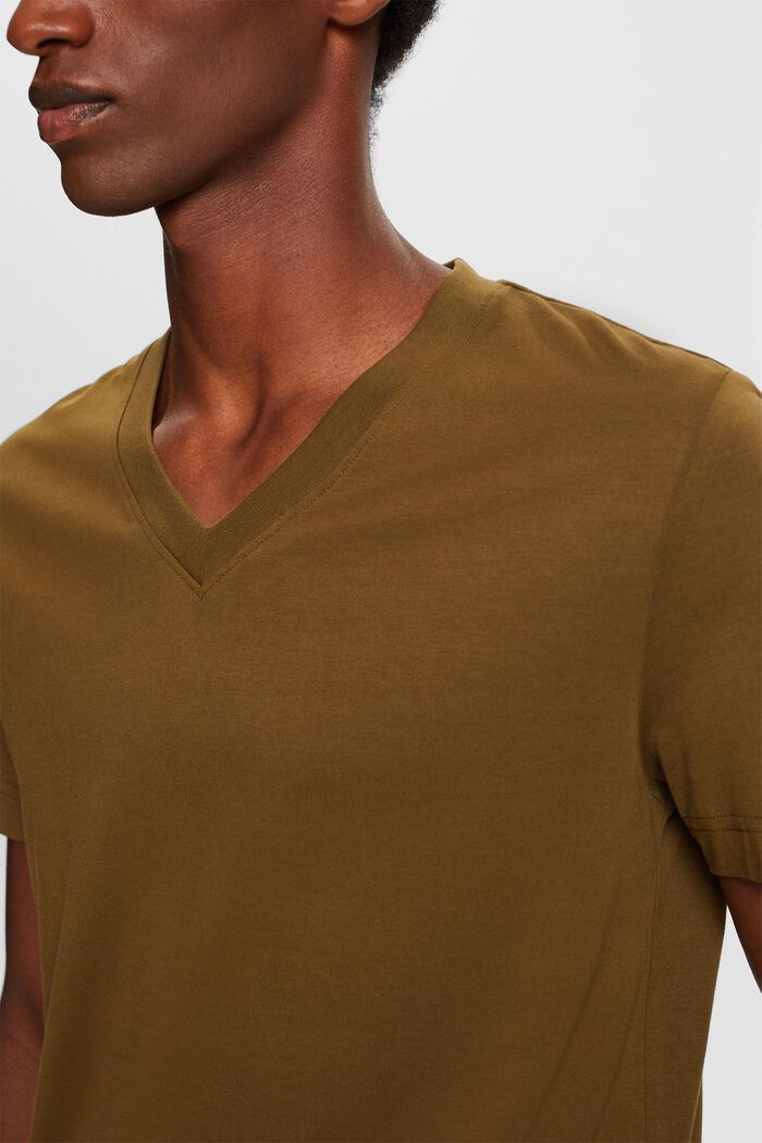 Camisa de tejido jersey con cuello en pico, 100 % algodón, DARK KHAKI, detail image number 3