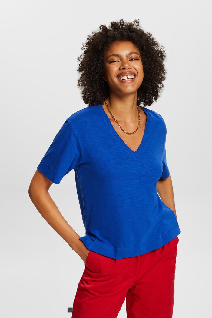Camiseta flameada con cuello en pico, BRIGHT BLUE, detail image number 0