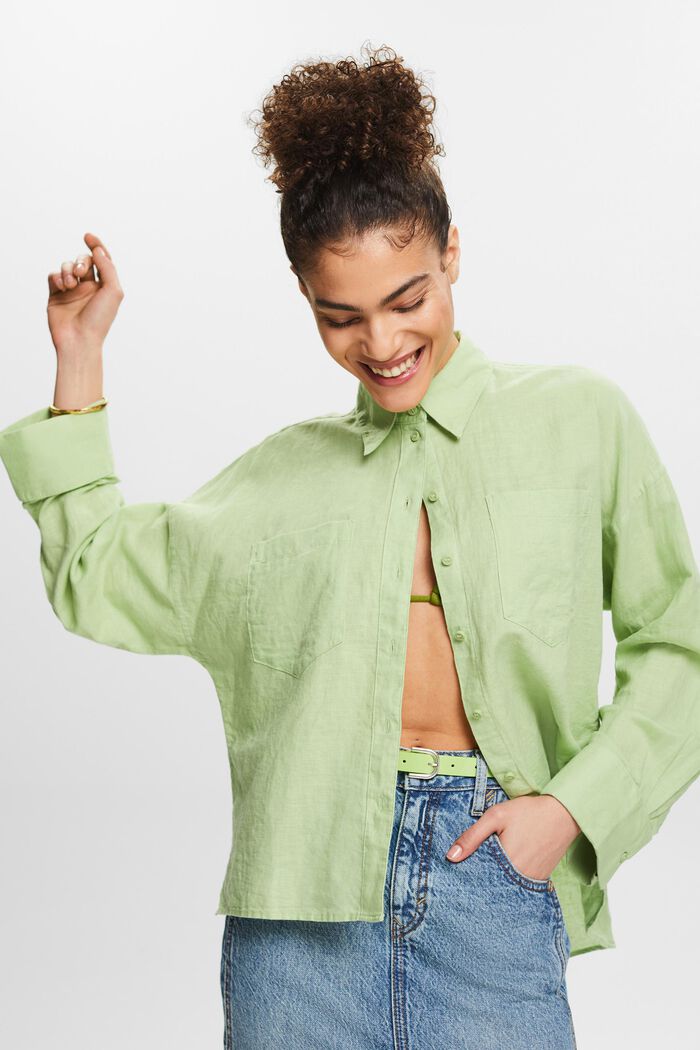 Blusa camisera de algodón y lino, LIGHT GREEN, detail image number 0