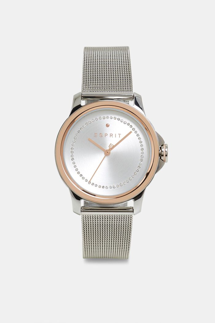 Reloj de acero inoxidable con circonita y pulsera de malla, SILVER, overview