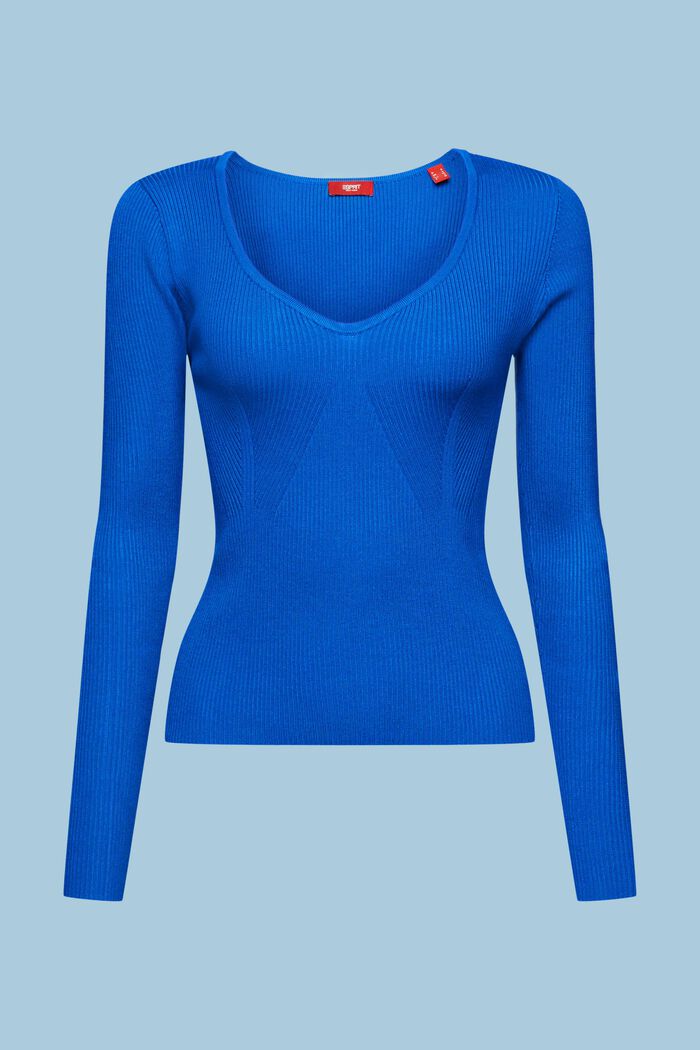 Jersey de punto acanalado con cuello en pico, BRIGHT BLUE, detail image number 6