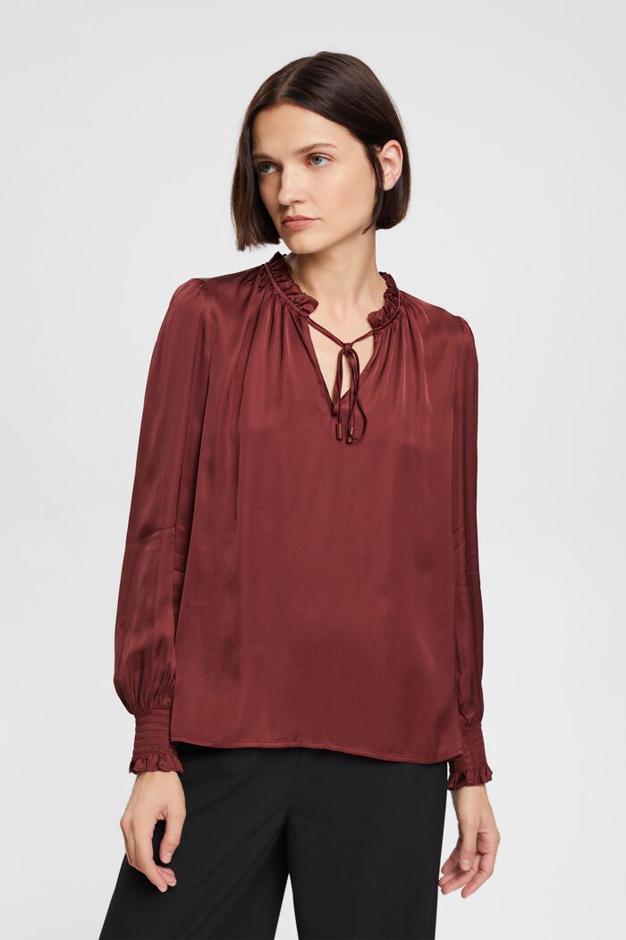 Blusa de satén con cuello fruncido, LENZING™ ECOVERO™, BORDEAUX RED, detail image number 0